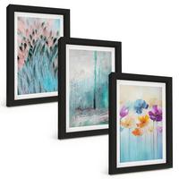 BILDER SET 3er Set - 20x30 cm Schwarzer Rahmen - Hintergrundmuster mit Pastellblumen - Schwarz, Kunststoff (20/30cm) - TULUP