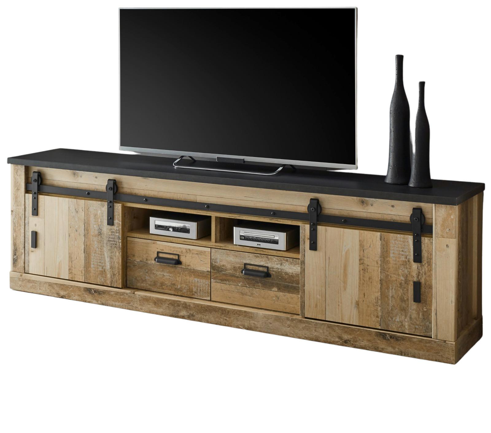 TV-LOWBOARD Used Wood hell, anthrazit 201 x 61 cm, TV Unterteil in Komforthöhe - Anthrazit/Schwarz, Holzwerkstoff/Metall (201/61/43cm) - Furn.Design