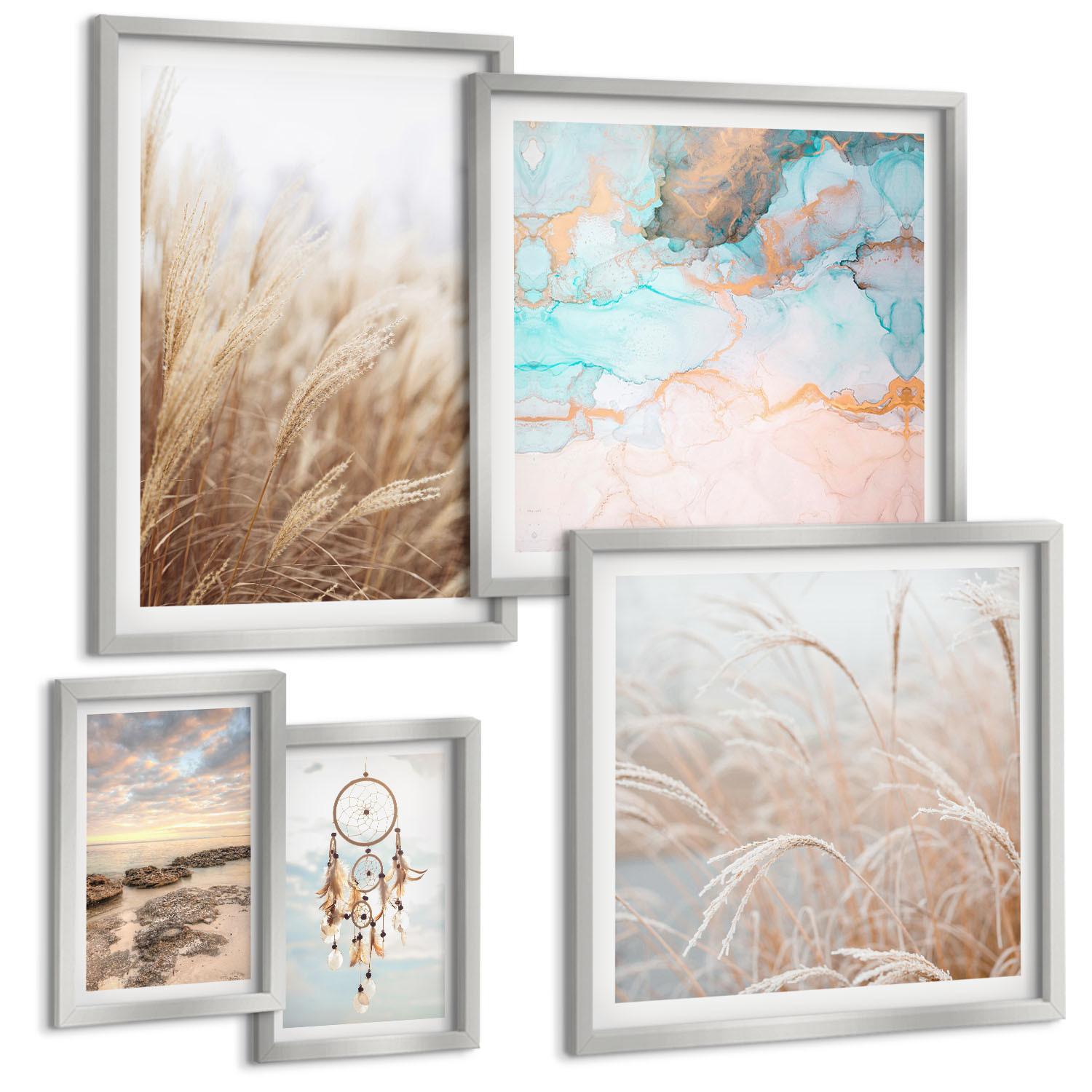 BILDER SET 5er Set - 50x50 cm & 20x30 cm & 40x60 cm Silberner Rahmen - Strand, Boot, Muscheln, Gras, Boho-Stil - Silberfarben, Kunststoff (40/60cm) - TULUP