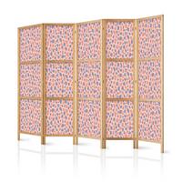 PARAVENT Japanischer 5-tlg 225x172 cm Buntes Tiermuster - Rosa, Holz/Textil (225/172/3cm) - Muralo