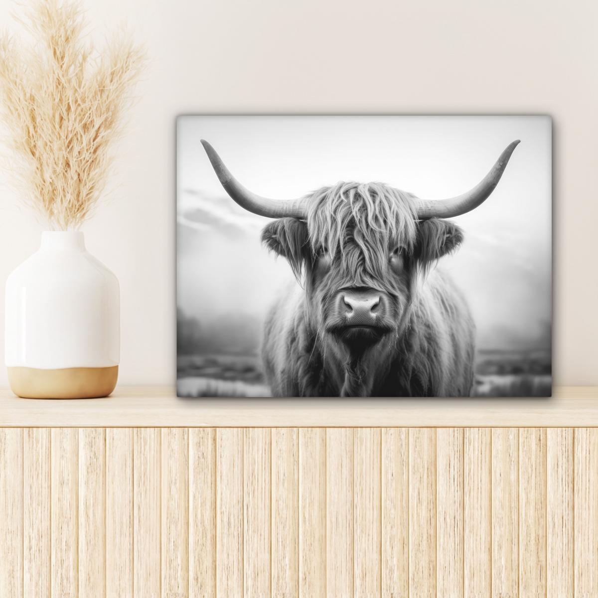 LEINWANDBILD Schottischer Highlander - Nebel - Schwarz - Weiß Wandbild 40x30 cm - Grau, Textil (40/30cm) - MuchoWow