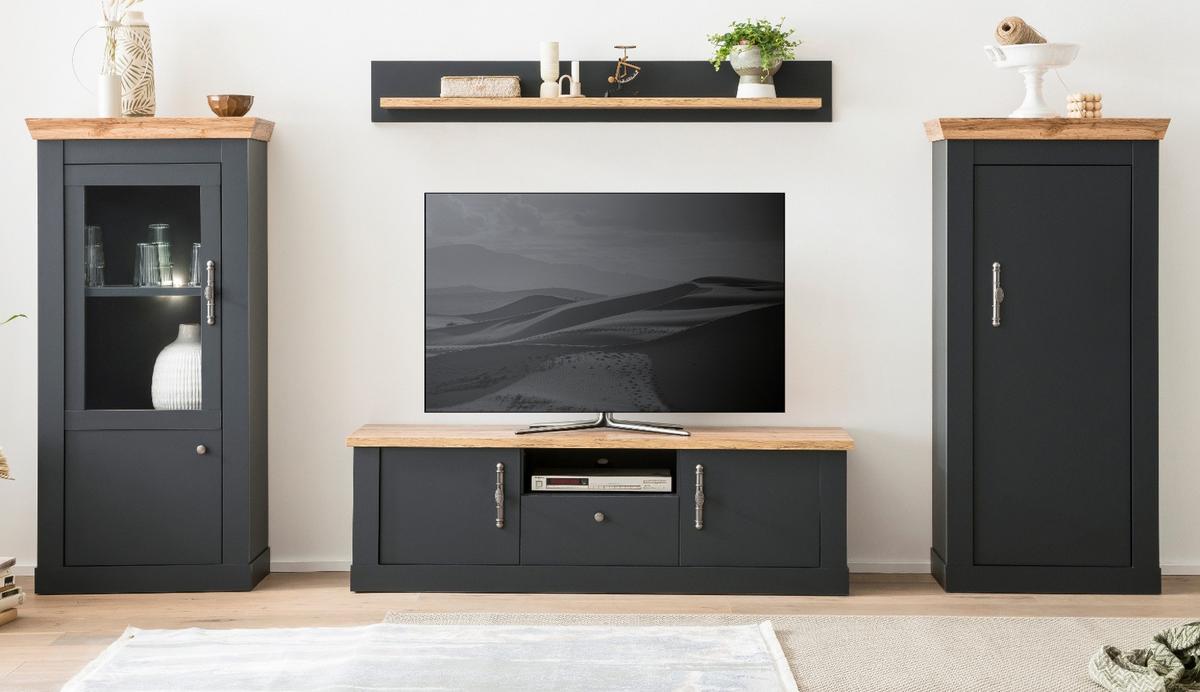WOHNWAND 4-teilig grau, Eiche Wotan, Landhaus 322 x 170 cm, Wohnkombination mit Soft-Close - Silberfarben/Eiche Wotan, Glas/Holzwerkstoff (322/170/45cm) - Furn.Design