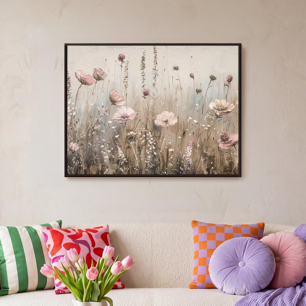 LEINWAND Bilder mit Rahmen - Blumen - Rosa - Modern - Beige - 80x60 - Beige, Textil (80/60cm) - MuchoWow
