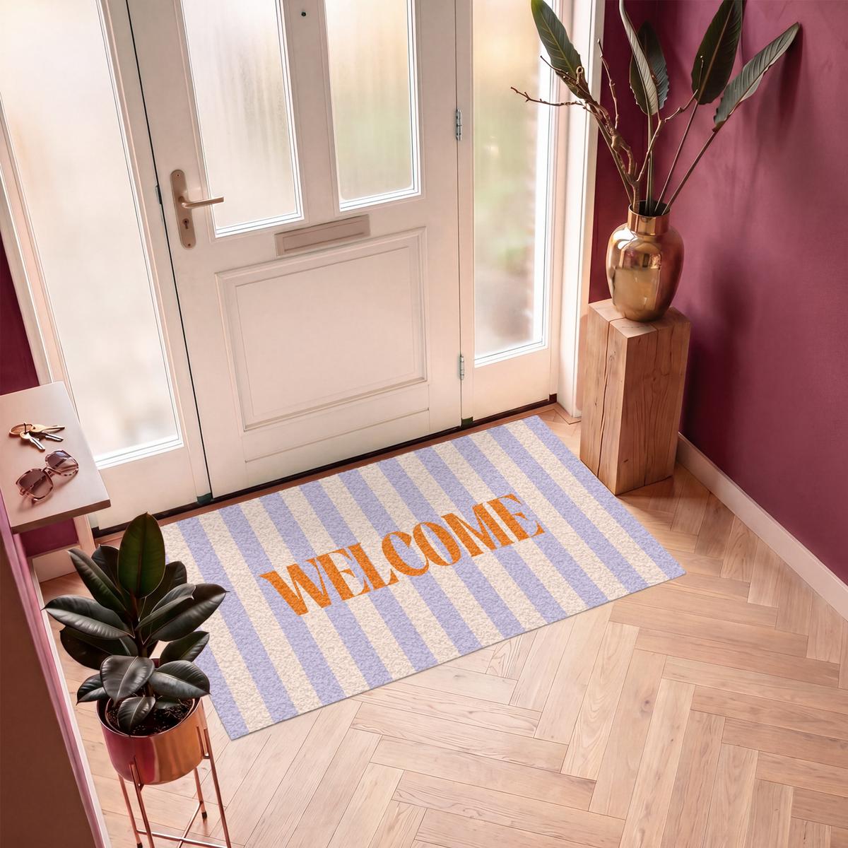 FUSSMATTE Lila – Orange – Streifen – Willkommen 150x90 cm - Flieder, Kunststoff (150/0.4cm) - MuchoWow