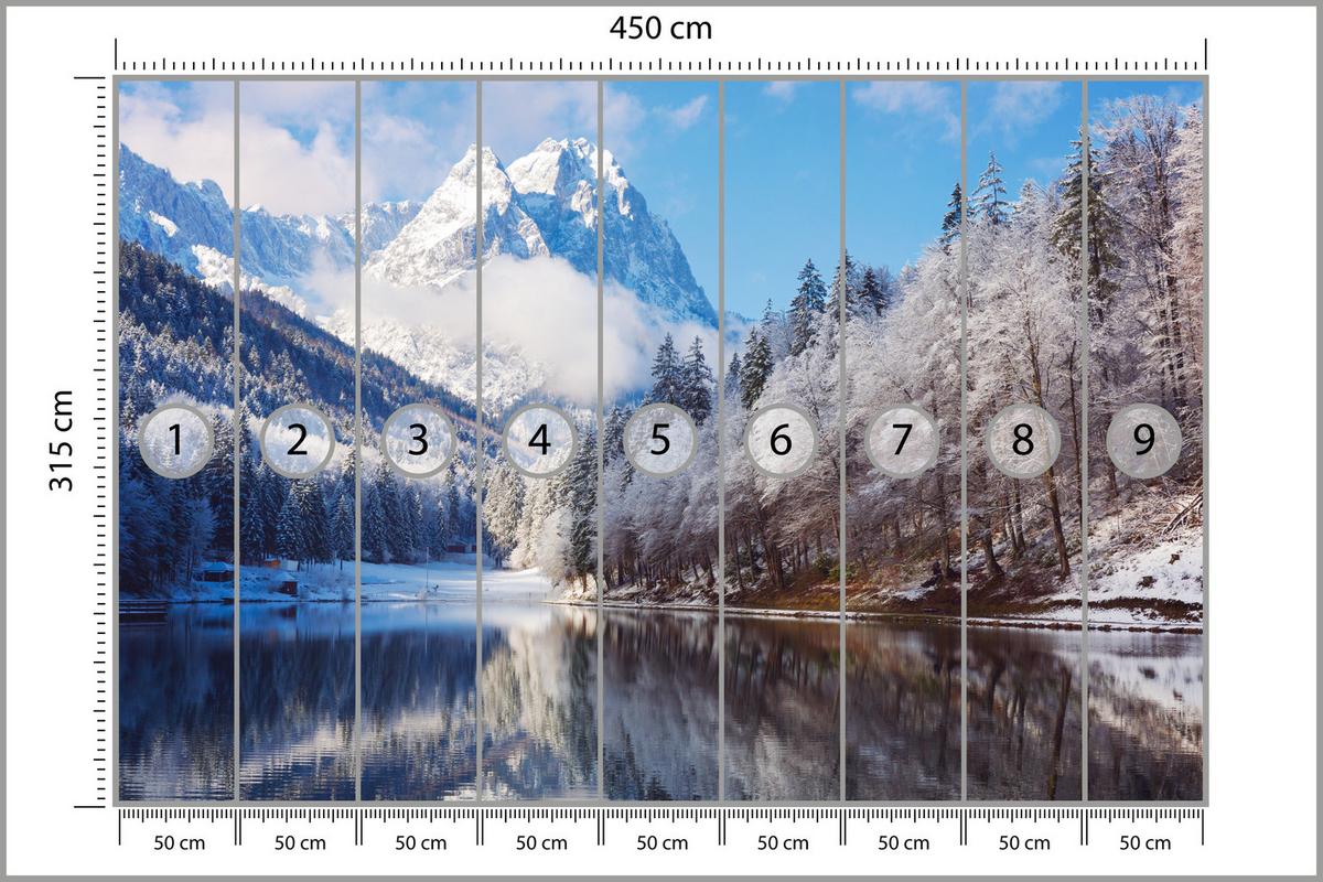 FOTOTAPETE für Wohnzimmer Winterberglandschaft See Nadelwald Schnee 450x315 - Blau/Braun, Papier (450/315cm) - Muralo