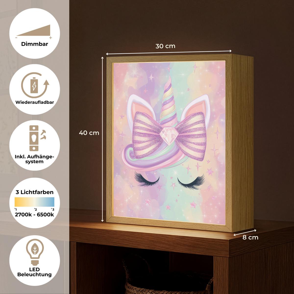 NACHTTISCHLAMPE MIT AKKU Einhorn - Glitzer - Regenbogen - Pastell 30x40 cm - Hellrosa, Holzwerkstoff (8/30/40cm) - OnlyWow