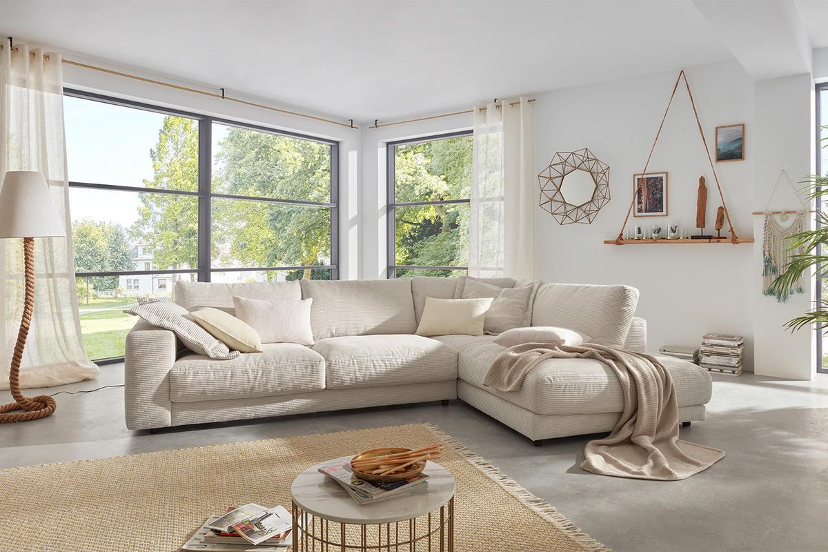 ECKSOFA MADELINE Cremeweiß Cord - Creme/Schwarz, Kunststoff/Textil (325/224cm) - KAWOLA