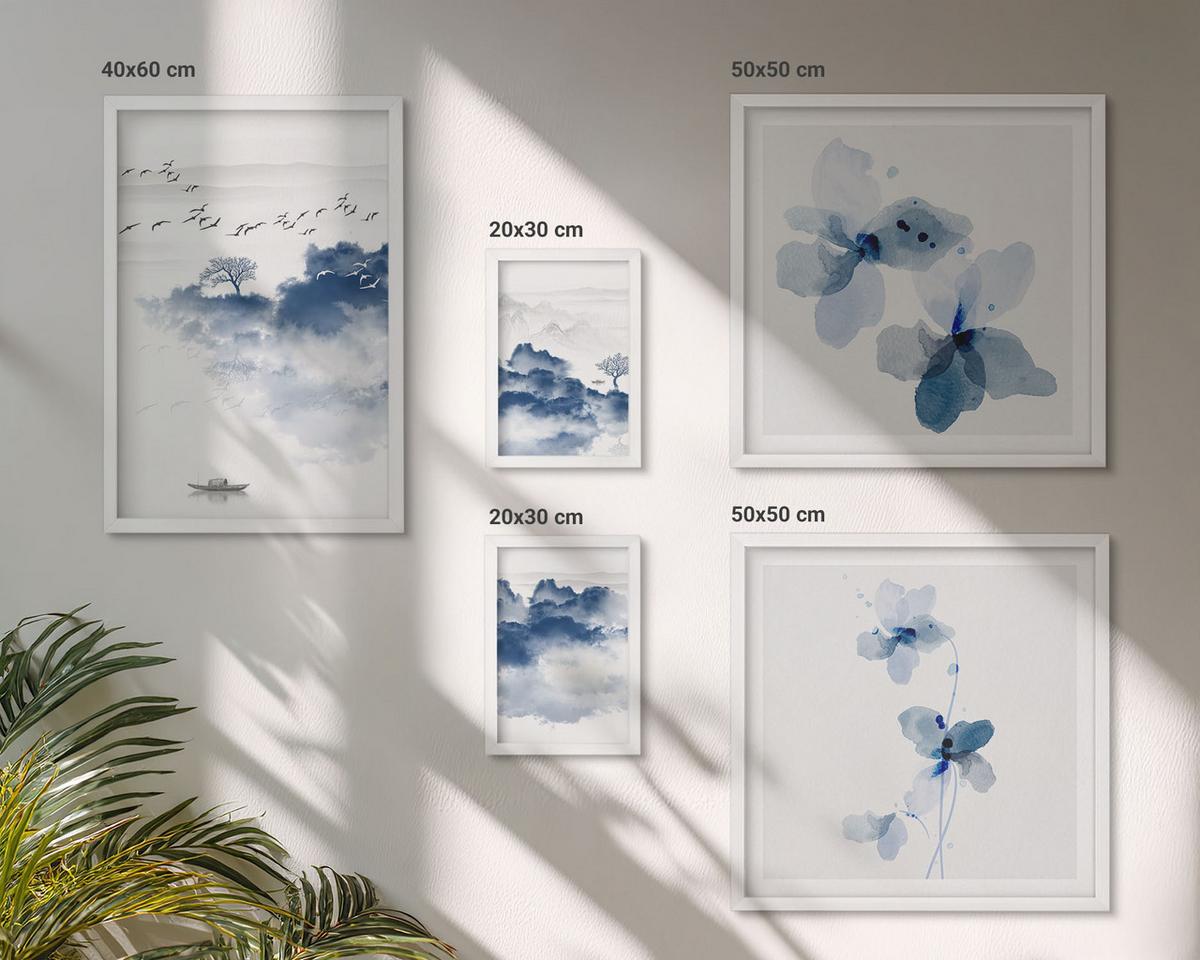 BILDER SET 5er Set - 50x50 cm & 20x30 cm & 40x60 cm Weißer Rahmen - Berge, Wolken, Bäume, Vögel im Hintergrund - Weiß, Kunststoff (40/60cm) - TULUP