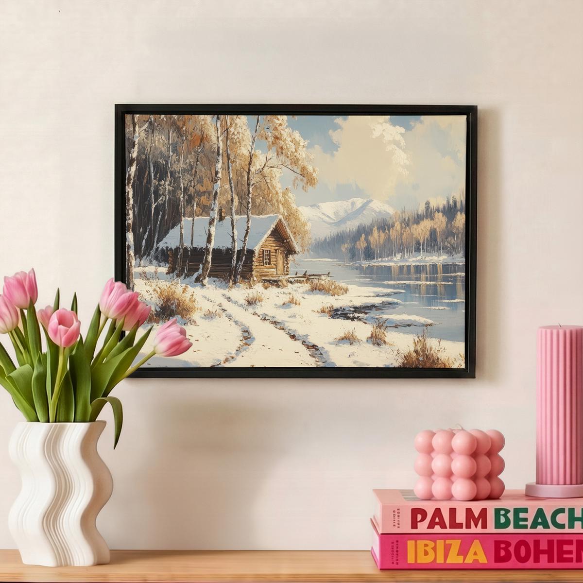 LEINWAND Bilder mit Rahmen - Winter - Schnee - Zuhause - Natur - 40x30 - Hellbraun, Textil (40/30cm) - MuchoWow