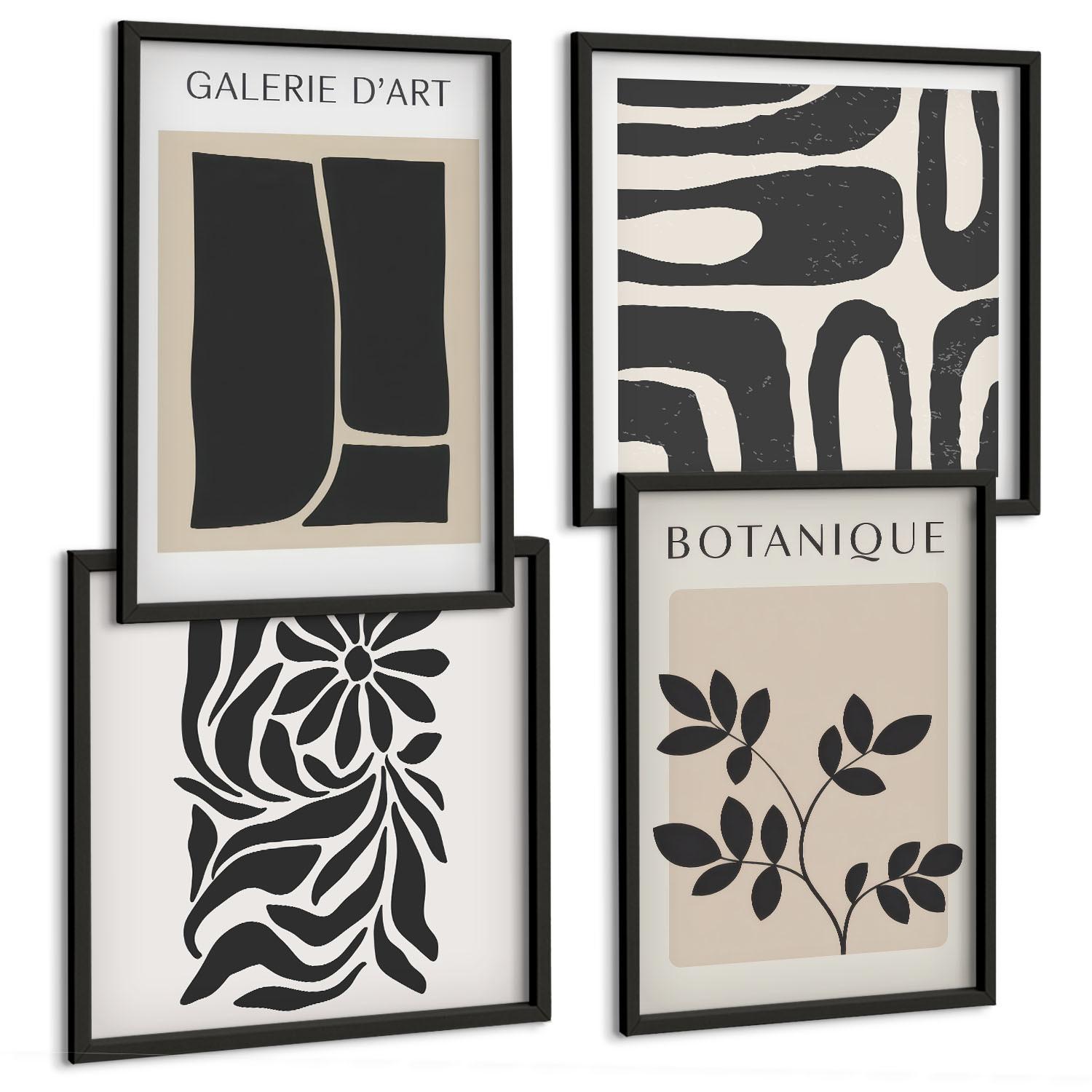 BILDER SET 4er Set - 50x50 cm & 40x60 cm Schwarzer Rahmen - Abstrakte Pflanzenmuster - Schwarz, Kunststoff (50/50cm) - TULUP