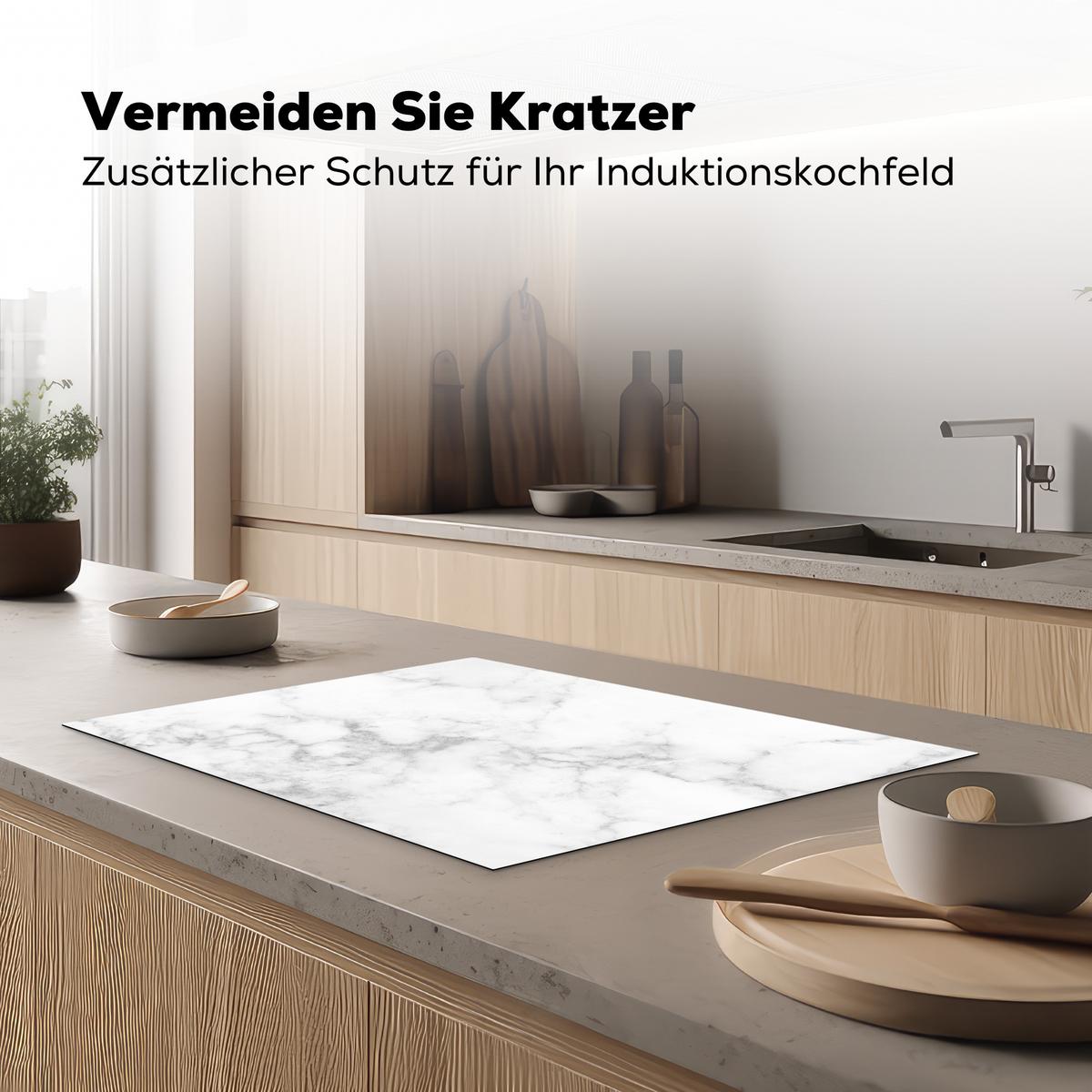 HERDABDECKPLATTE Marmor - Grau - Weiß - Strukturierter Marmor Herdabdeckung Induktionsfeld 75x52 cm - Weiß, Kunststoff (75/52/0.2cm) - MuchoWow