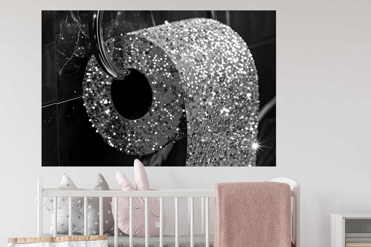 WANDTATTOO WC - Toilettenpapier - Schwarz und weiß - Glitter Wandsticker 120x80 cm - Silberfarben, Kunststoff (120/80/0.1cm) - MuchoWow