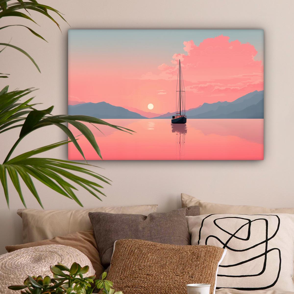 LEINWANDBILD Segelboot - Rosa Meer - Sonnenuntergang - Berge Wanddeko 90x60 cm - Rosa, Textil (90/60cm) - MuchoWow