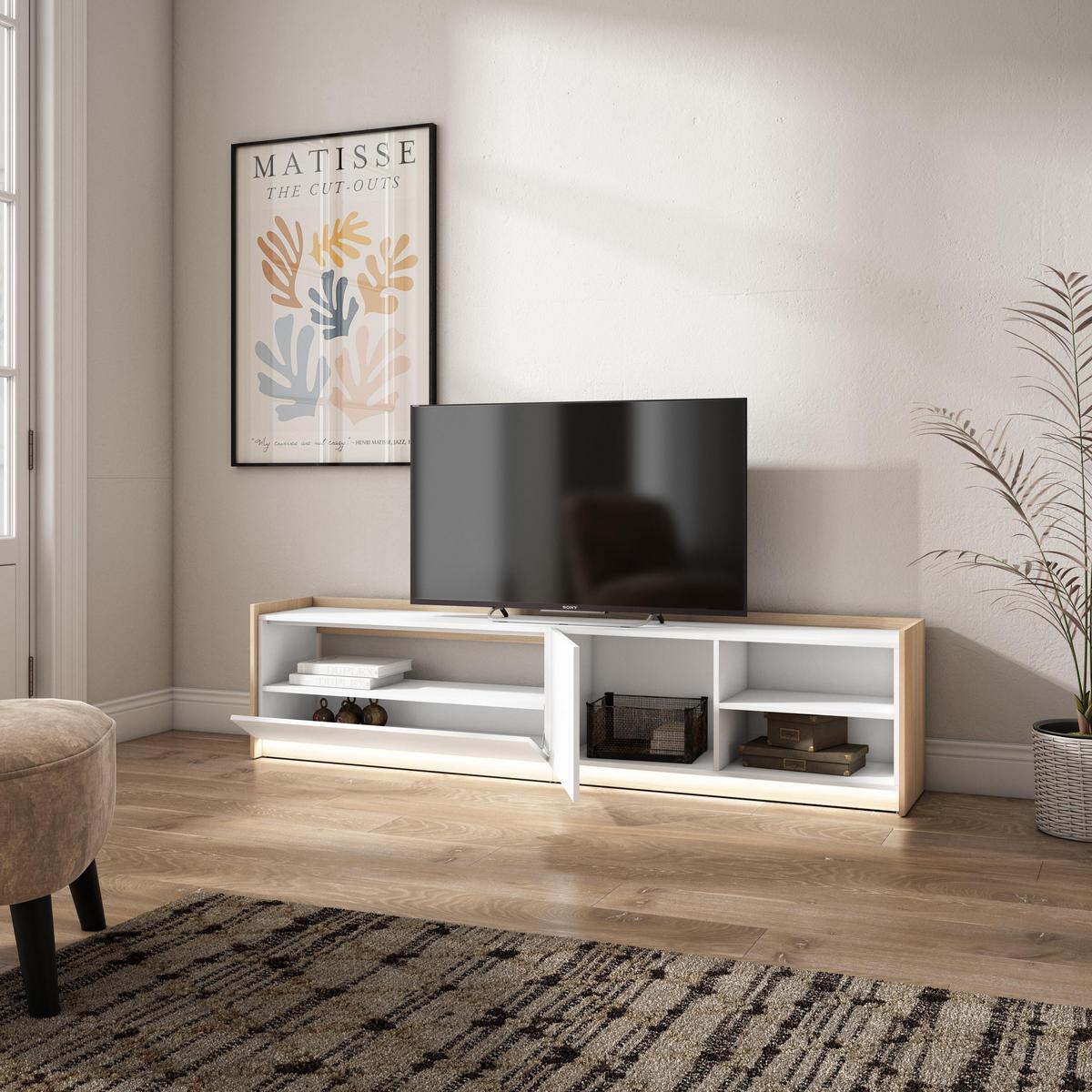 LOWBOARD, Weiß und Eiche, 207/37/50cm, mit Led - Weiß, Holzwerkstoff (207/50/37cm) - Skraut Home