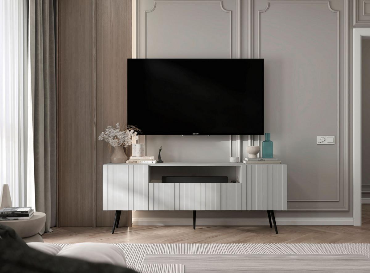 TV-SCHRANK Elpis Weiß Matt mit Metallbeine Glamour 150 cm - Schwarz/Weiß, Holzwerkstoff/Metall (150/60.5/36.5cm) - Meble Lindner