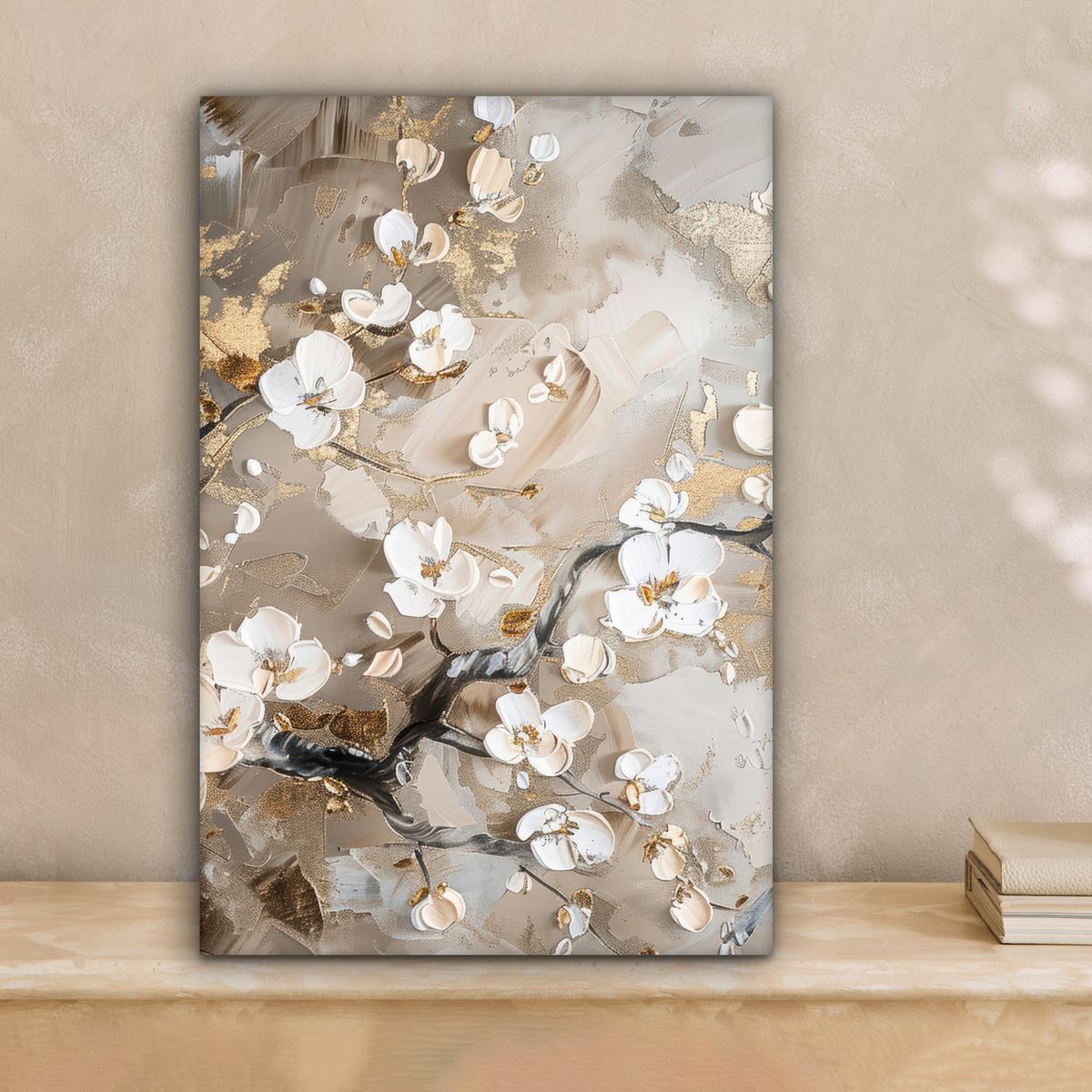 LEINWANDBILD Blumen - Weiß - Gold - Beige - Luxus Deko Wohnzimmer 20x30 cm - Greige, Textil (20/30cm) - MuchoWow