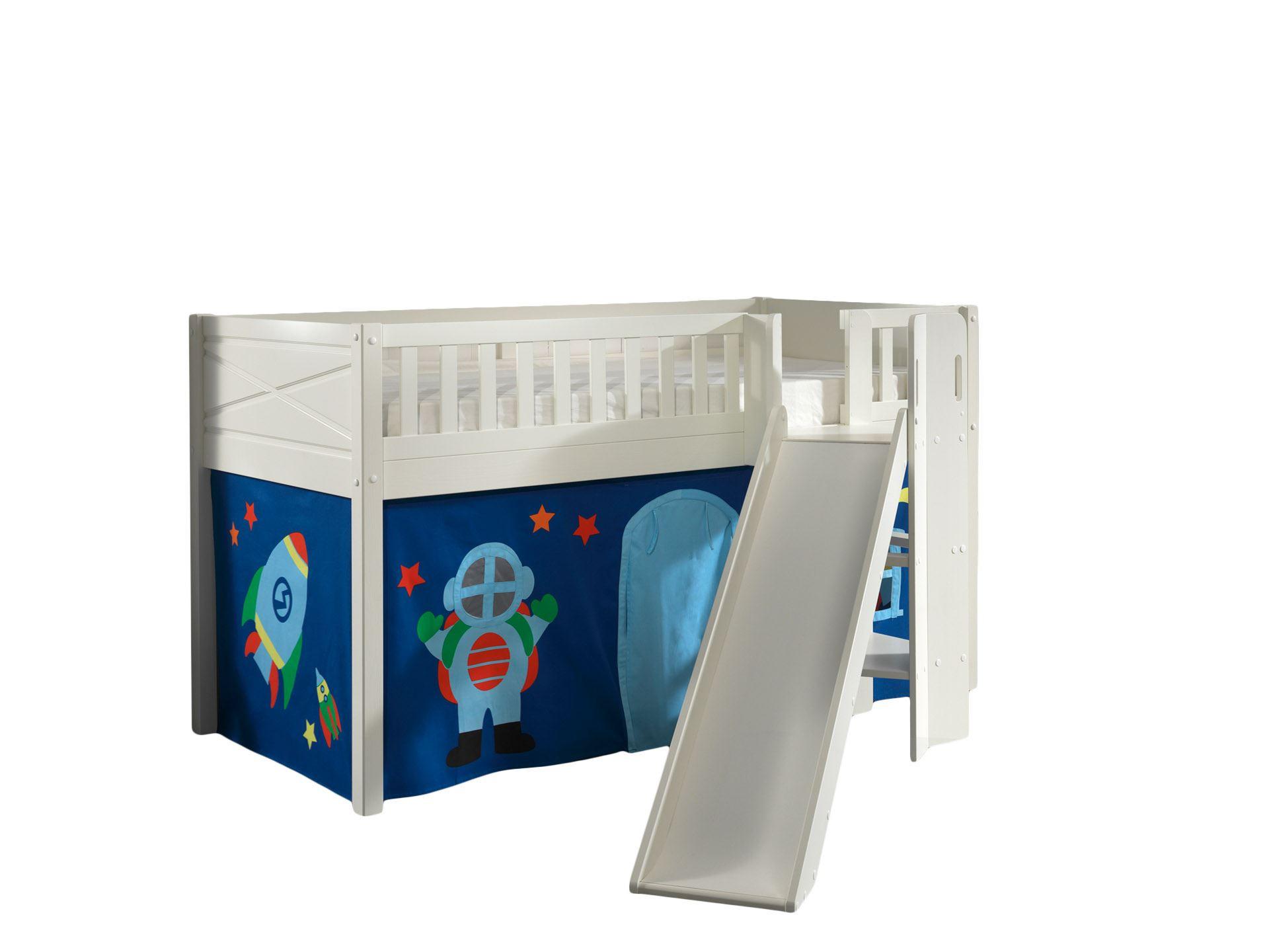 HOCHBETT mit Rutsche Karyl Massivholz Weiß Textilset Astro 1 - Blau/Weiß, Holz (90/200cm) - 58aufmkessel