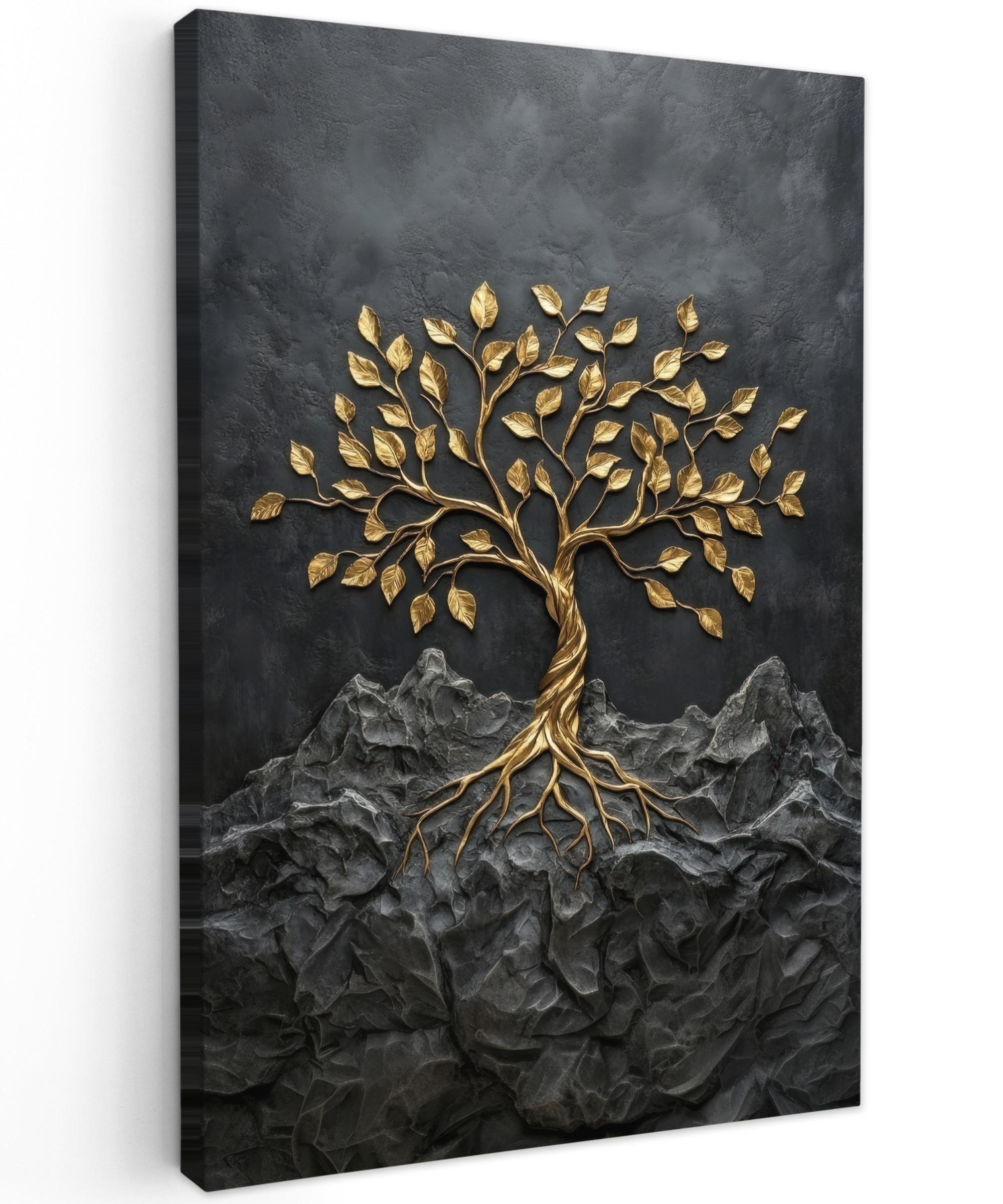 LEINWANDBILD Blätter - Gold - Baum - Fels Wanddeko 40x60 cm - Schwarz, Textil (40/60cm) - MuchoWow