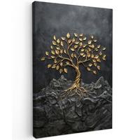 LEINWANDBILD Blätter - Gold - Baum - Fels Wanddeko Schlafzimmer 60x90 cm - Schwarz, Textil (60/90cm) - MuchoWow