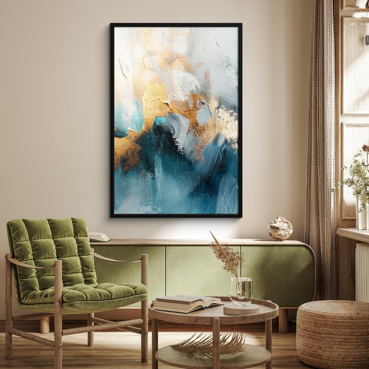 POSTER MIT RAHMEN Abstrakt - Kunst - Gold - Blau Bilderleiste 80x120 cm - Petrol, Papier (80/120cm) - MuchoWow