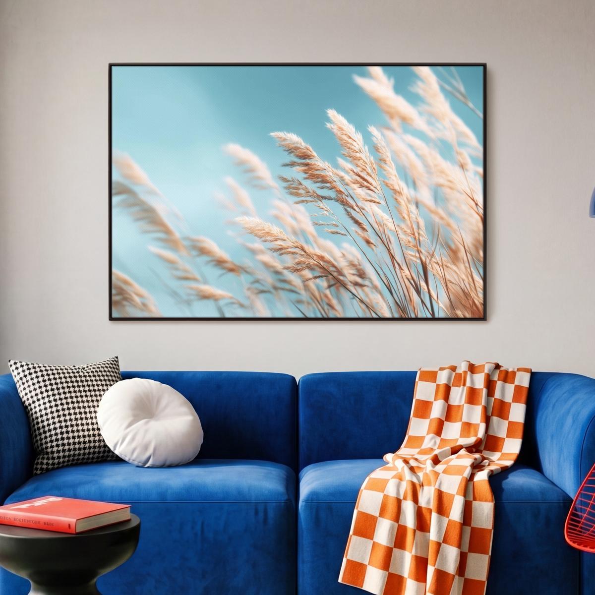 LEINWAND Bilder mit Rahmen - Ziergras - Wind - Hellbraun - 90x60 - Hellblau, Textil (90/60cm) - MuchoWow