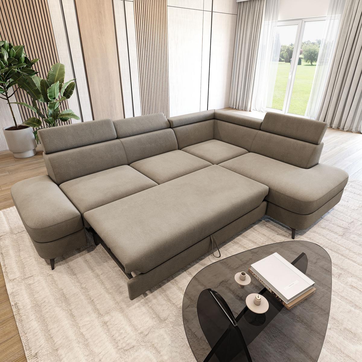 ECKSOFA AVISE MV R-S Beige Velours-Stoff mit Schlaffunktion - Beige, Holzwerkstoff/Textil (268/195cm) - MASSENO