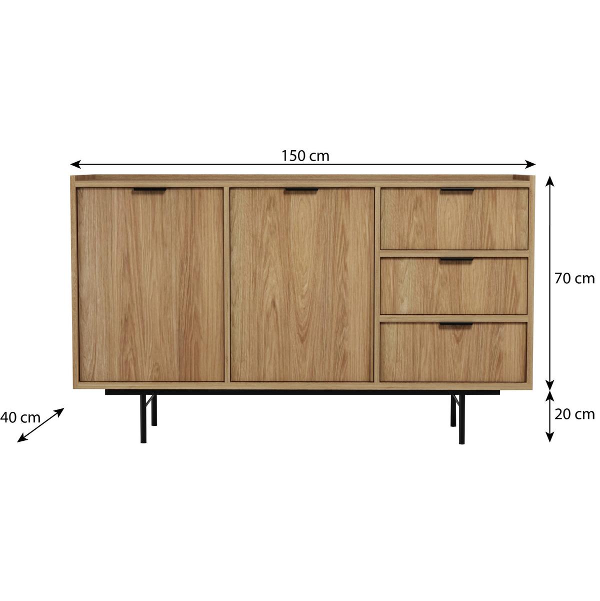 WOHNWAND Evron Kommode 150 cm TV-Board 150 cm Bücherregal 90 cm, Hikora Eiche - Eichefarben/Schwarz, Holzwerkstoff/Metall (150/90/40cm) - Beautysofa