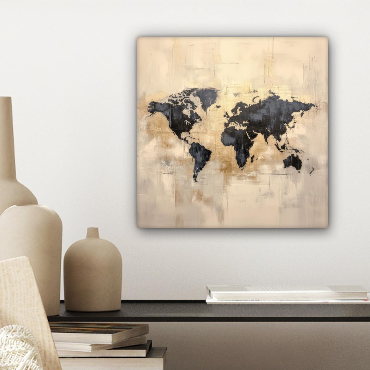 LEINWANDBILD Weltkarte - Gold - Schwarz - Abstrakt Deko Wohnzimmer 20x20 cm - Kupferfarben, Textil (20/20cm) - MuchoWow