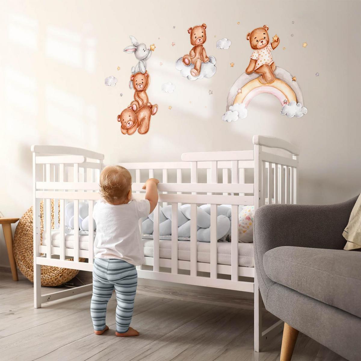 WANDAUFKLEBER 60x87cm - Teddybären und ein Kaninchen auf einem Regenbogen - Multicolor, Kunststoff (60/87/0.1cm) - Wallfluent