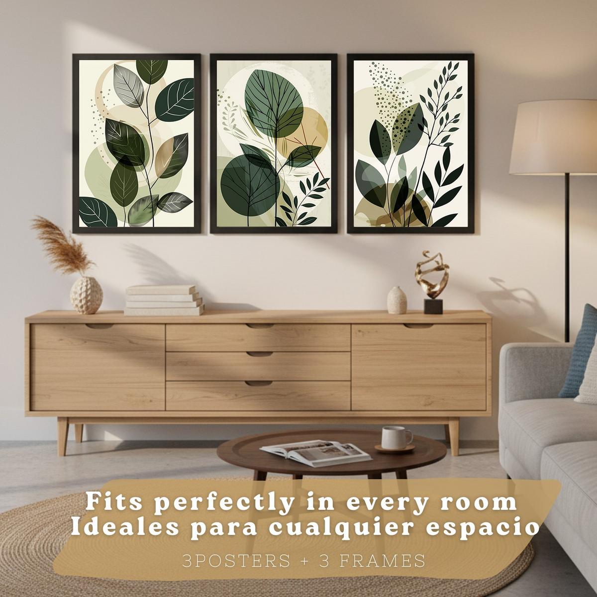POSTER 3er Kunstdruck-Set Wandbilder Pflanzen Abstrakt modern Wohnzimmer Deko, Schlafzimmer, Küche, Badezimmer Schwarzer Rahmen A4 - Schwarz, Papier (29.7/1/21cm) - Nacnic