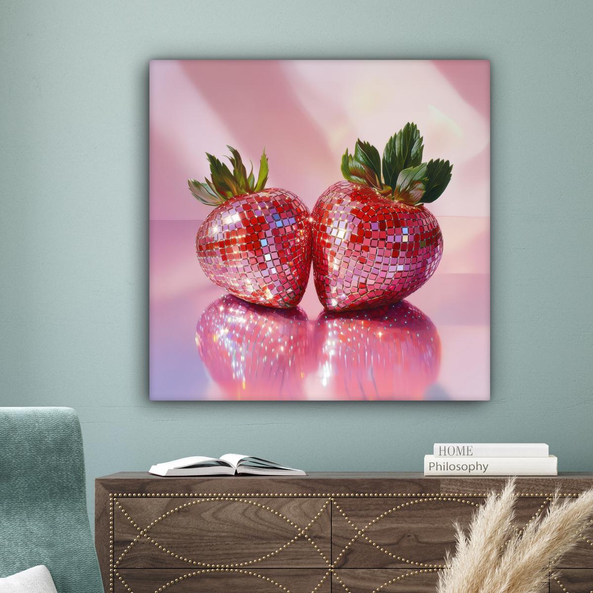 LEINWANDBILD Disco - Obst - Glitzer - Erdbeere Deko Groß 90x90 cm - Pink, Textil (90/90cm) - MuchoWow