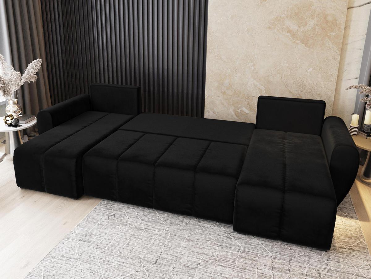WOHNLANDSCHAFT MADISON U Schwarz Plüsch-Stoff mit Schlaffunktion - Schwarz, Holz/Kunststoff (311/82/145cm) - MASSENO