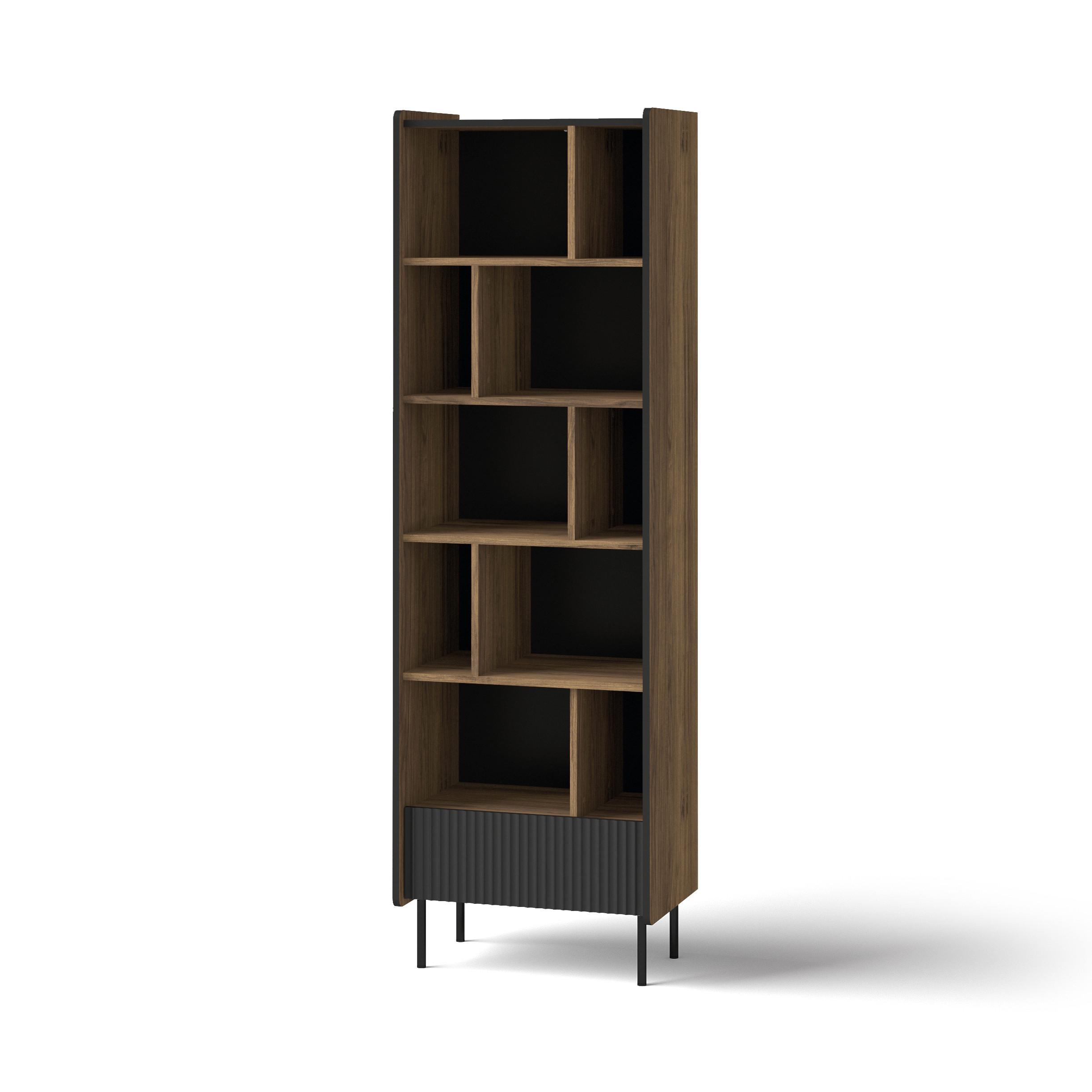 BÜCHERREGAL Piano mit 10 Einlegeboden und 1 Schublade, Mattschwarz + Warmia-Nussbaum - Dunkelbraun/Schwarz, Holzwerkstoff (59/191/40cm) - Beautysofa