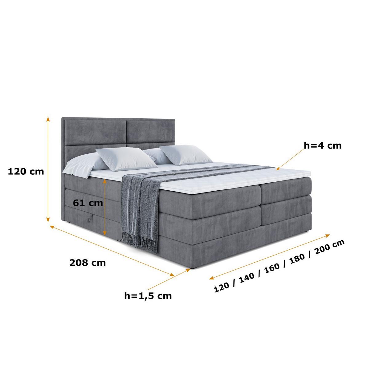 BOXSPRINGBETT AURA KING - 140 x 200 - H3/H4 - Dunkelgrau - Dunkelgrau, Holzwerkstoff (140/200cm) - ALTDECOR