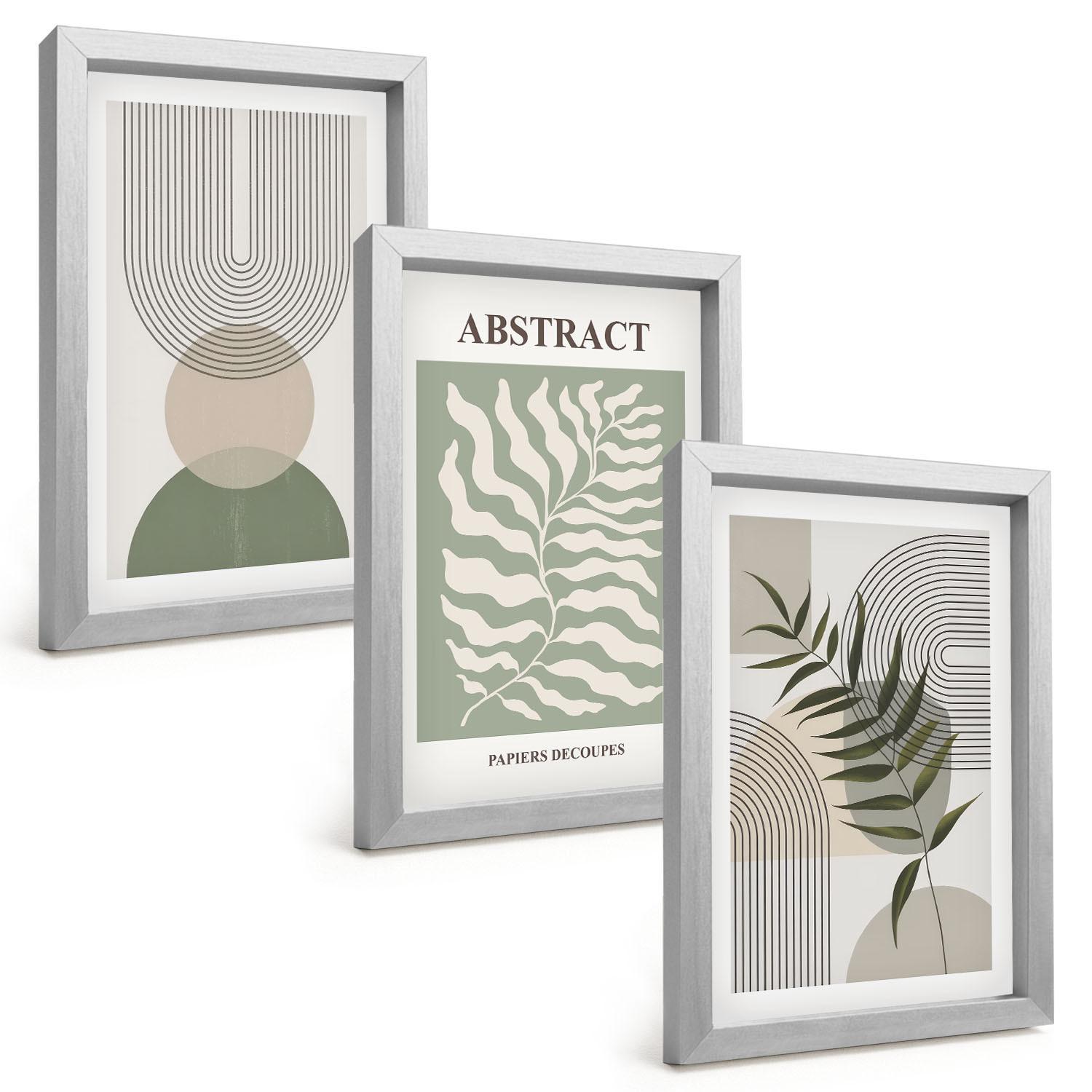 BILDER SET 3er Set - 20x30 cm Silberner Rahmen - Botanische Boho-Abstraktionen - Silberfarben, Kunststoff (20/30cm) - TULUP