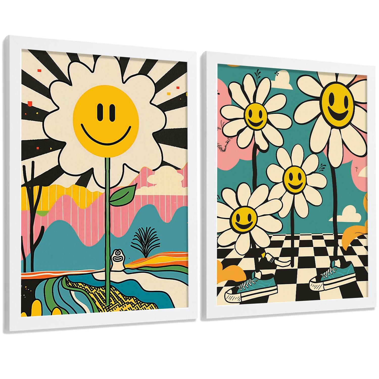 POSTER 4er Kunstdruck-Set Wandbilder Smiley Blume modern Wohnzimmer Deko, Schlafzimmer, Küche, Badezimmer Weißer Rahmen A4 - Weiß, Papier (29.7/1/21cm) - Nacnic