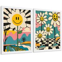 POSTER 4er Kunstdruck-Set Wandbilder Smiley Blume modern Wohnzimmer Deko, Schlafzimmer, Küche, Badezimmer Weißer Rahmen A4 - Weiß, Papier (29.7/1/21cm) - Nacnic