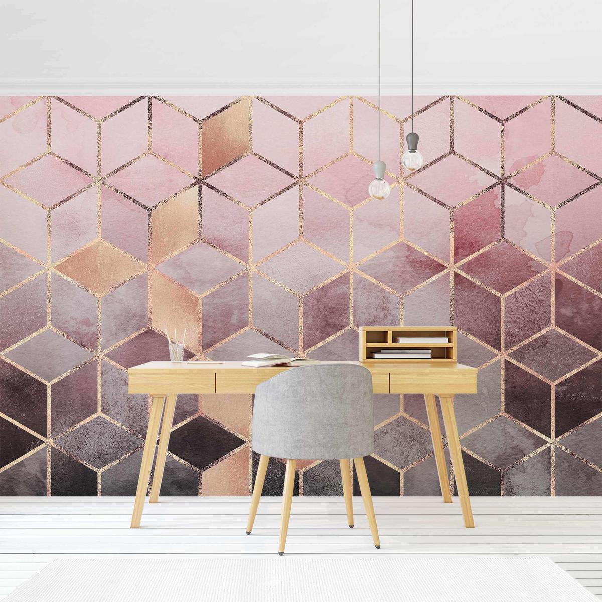 FOTOTAPETE Rosa Grau goldene Geometrie 432/290 cm - Rosa, Papier (432/290cm) - Bilderwelten