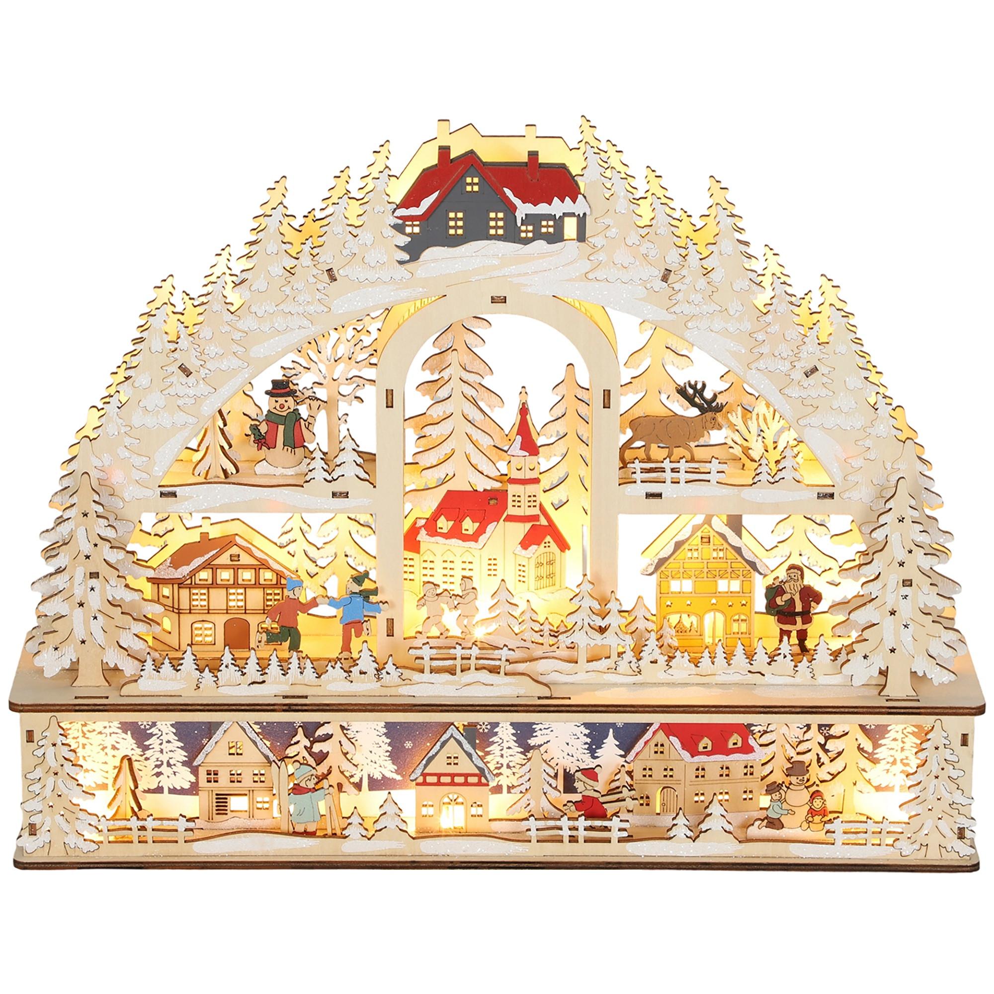 WEIHNACHTSDORF mit LED-Leuchtung, 45 cm Weihnachtsstadt mit Schneemann Renntier - Naturfarben, Holzwerkstoff (10/35/45cm) - HOMCOM