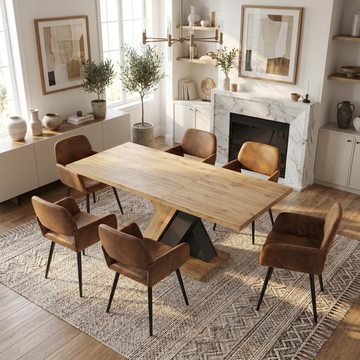 ESSTISCH-SET 1+6, ausziehbarer Tisch mit 6 Esszimmerstühlen - Eichefarben/Schwarz, Holzwerkstoff (119/75/80cm) - Urban Meuble