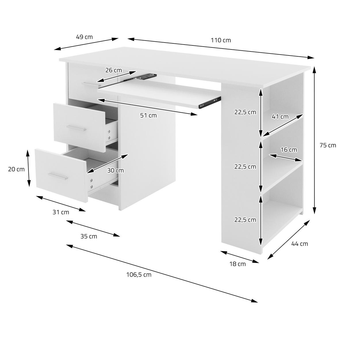 SCHREIBTISCH 110 x 49 x 75 cm Weiß 3 Schubladen und Tastaturauszug - Weiß, Holzwerkstoff (110/49/75cm) - ML-DESIGN