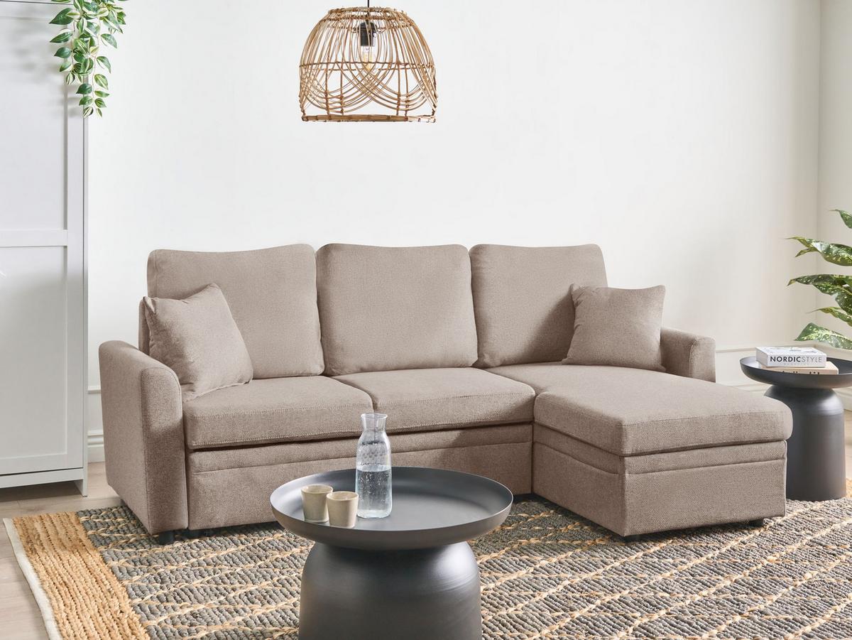 ECKSCHLAFSOFA 3-Sitzer Kunstleinen Hellbraun mit Stauraum linksseitig Nassjo - Hellbraun, Textil (210/131cm) - Beliani