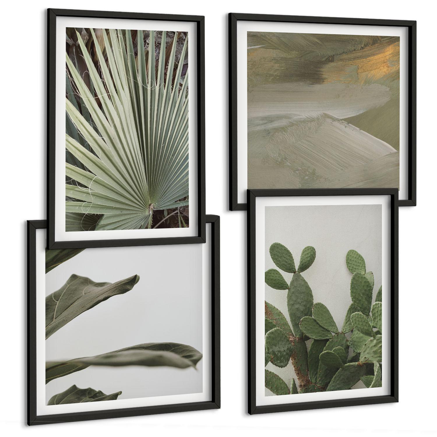 BILDER SET 4er Set - 50x50 cm & 40x60 cm Schwarzer Rahmen - Blätter tropischer Pflanzen in Pastellfarben - Schwarz, Kunststoff (50/50cm) - TULUP