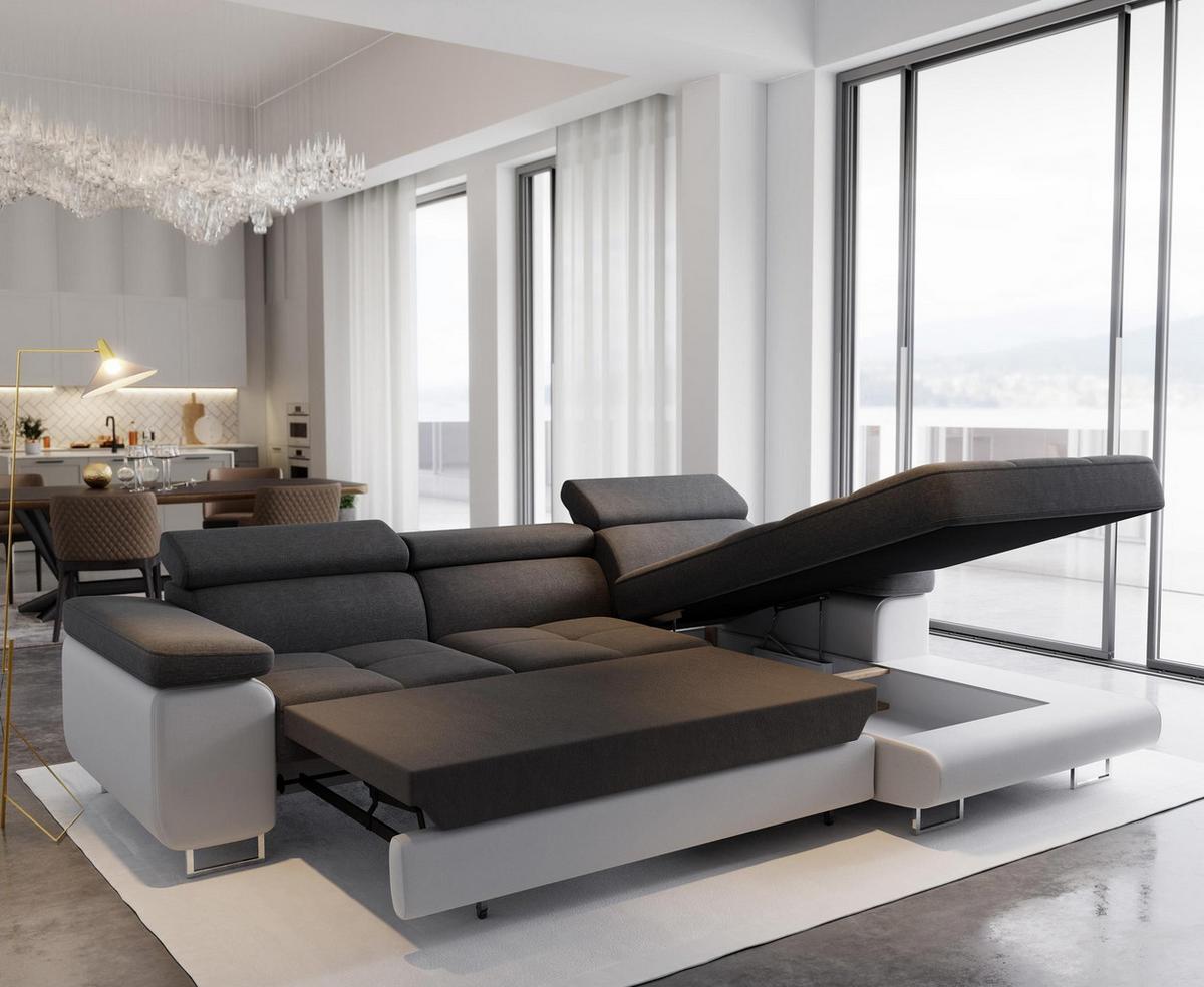 ECKSOFA ELMA R-S Hellgrau Velours-Stoff mit Schlaffunktion - Silberfarben/Hellgrau, Holz/Textil (280/205cm) - MASSENO