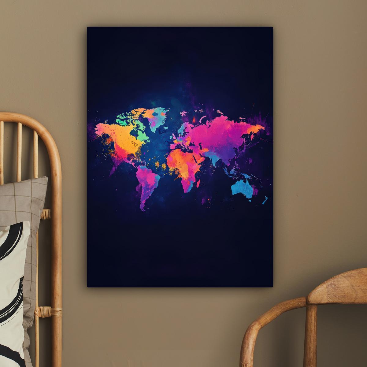 LEINWANDBILD Weltkarte - Bunt - Graffiti Wandbild Wohnzimmer 60x80 cm - Multicolor, Textil (60/80cm) - MuchoWow