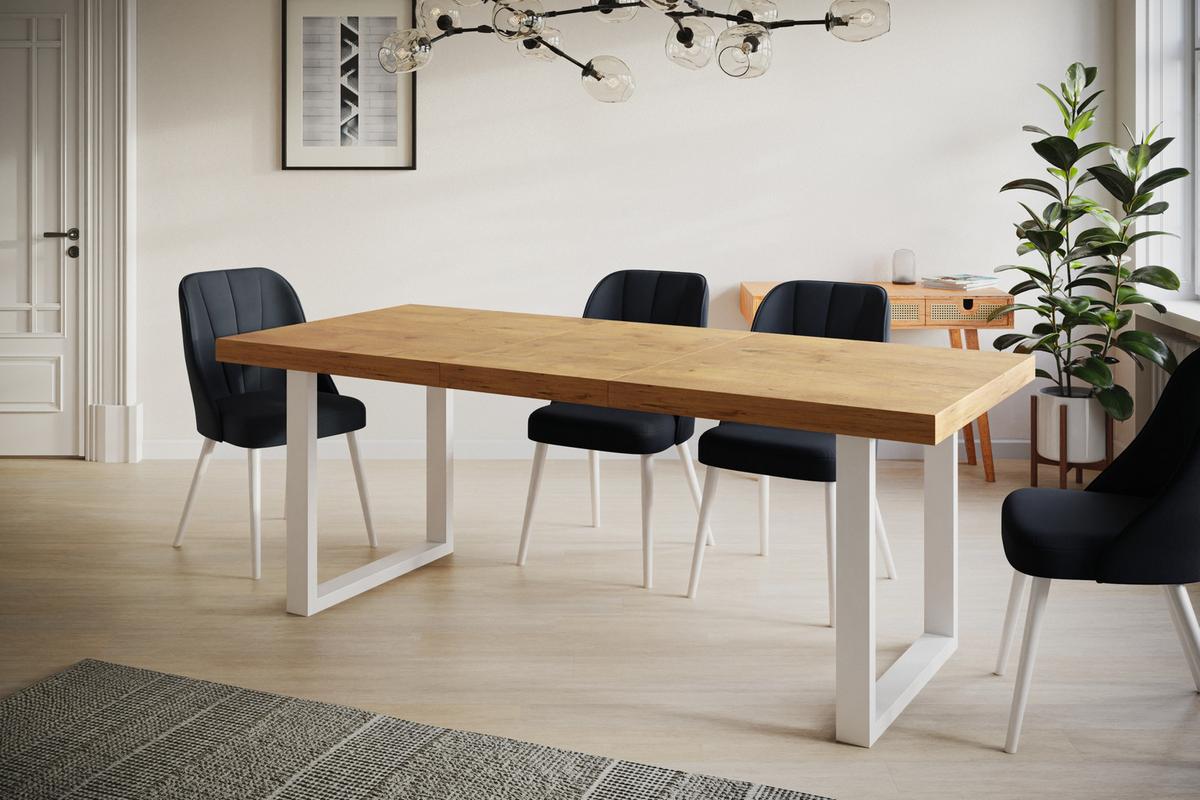 INDUSTRIELLER Esszimmertisch LOFT-U, ausziehbarer Tisch, Größe: 160-260X90X77 cm, Wohnzimmertisch Farbe: LANCELOT, mit Metallbeinen in Farbe Weiß - Beige/Weiß, Holzwerkstoff (160/90/77cm) - Alpi-Möbel