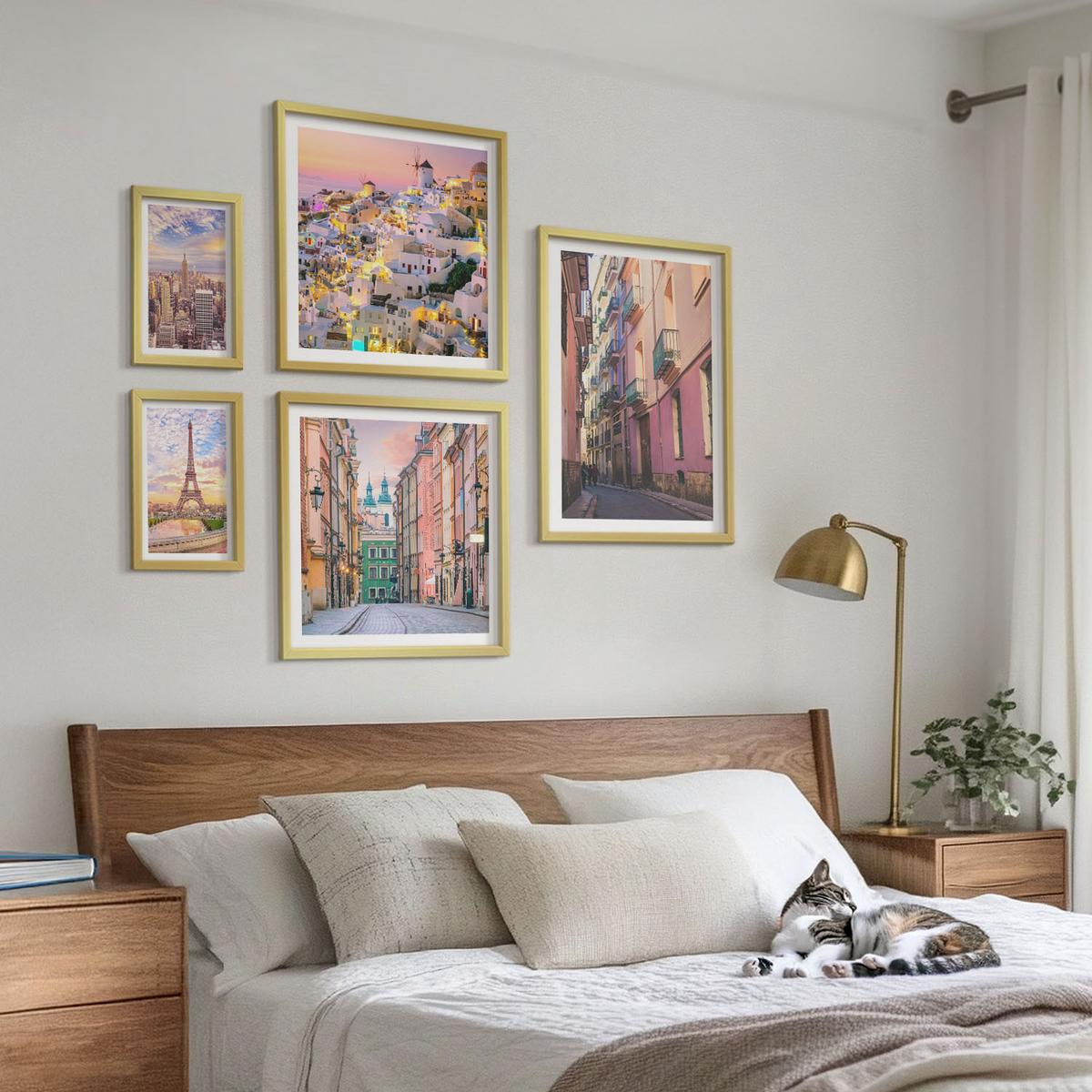 BILDER SET 5er Set - 50x50 cm & 20x30 cm & 40x60 cm Goldrahmen - New York Paris Oia Warschau Dämmerung - Goldfarben, Kunststoff (40/60cm) - TULUP