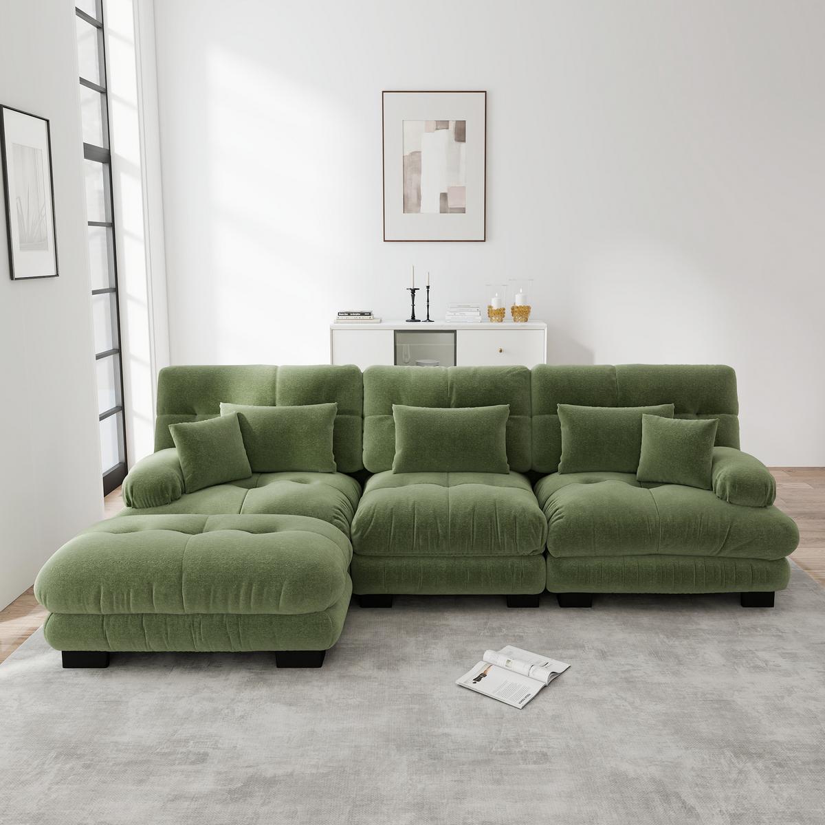 ECKSOFA Modulares 313cm Chenille Cloud-Sofa mit Ottoman für das Wohnzimmer - Grün, Textil (313/145cm) - Urban Meuble