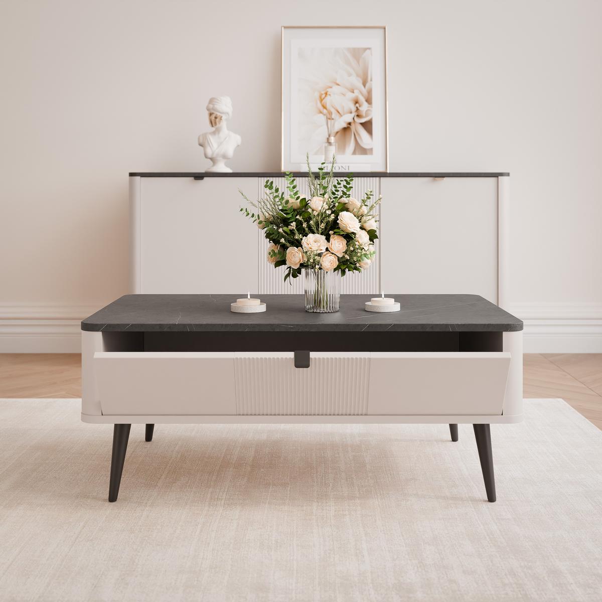 COUCHTISCH NAVANI auf schwarzen Beinen – Kaschmir / Stein - Kaschmir, Holzwerkstoff (60/100/42cm) - Idohome