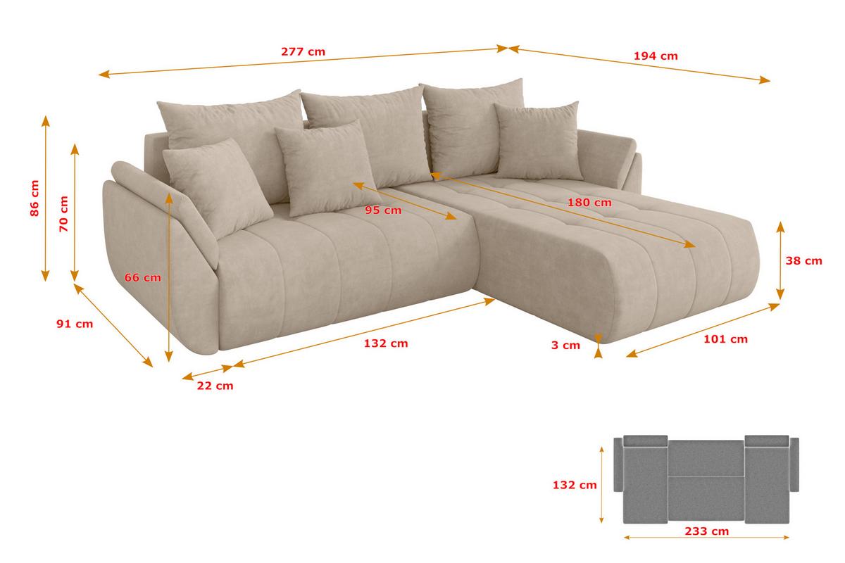 ECKSOFA mit Schlaffunktion Ottomane Rechts TOKO-L 277x194x86 Beige Velours - Schwarz/Sahara, Holzwerkstoff/Kunststoff (277/194cm) - ALTDECOR